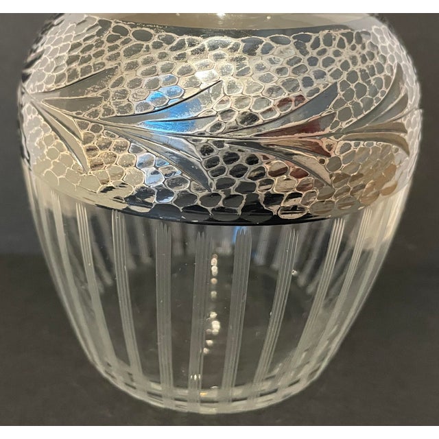 1930s glass and sterling overlay vase, bulbous form with art moderne vertical lines etched around the lower half, an arts...