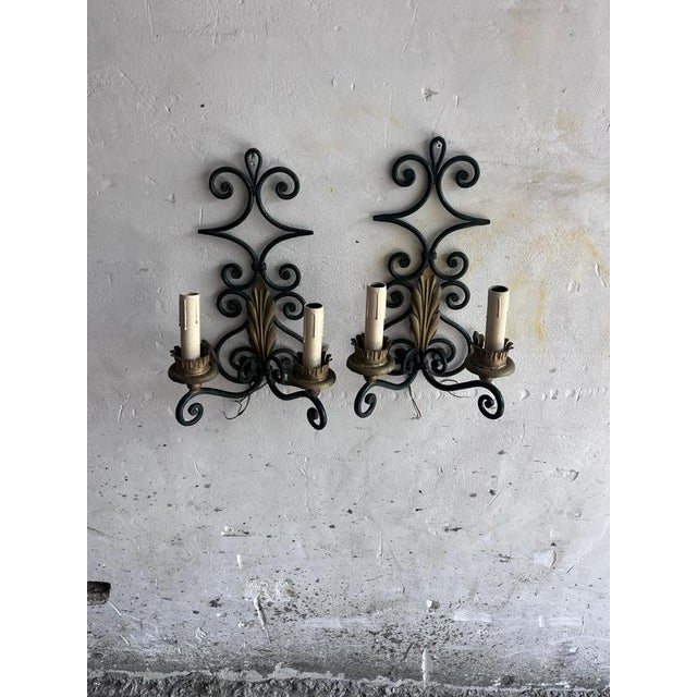 Metal Wrought Iron Wall Sconces with Gilt Leaf Motifs, Set of 2 For Sale - Image 7 of 8
