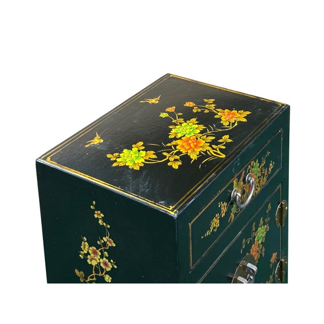 Chinese Black Vinyl Moon Face Flower Birds End Table Nightstand For Sale - Image 10 of 10