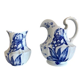 Antique English White and Blue Transferware Brown Westhead Moore & Co Iris Pattern Pitcher & Vase - Pair For Sale