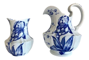 Antique English White and Blue Transferware Brown Westhead Moore & Co Iris Pattern Pitcher & Vase - Pair