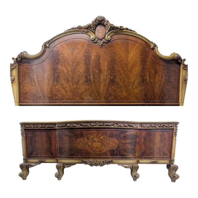 Early 20th Century Romweber French Provincial Louis XV Flame Mahogany and Parcel Painted Bed Frame For Sale