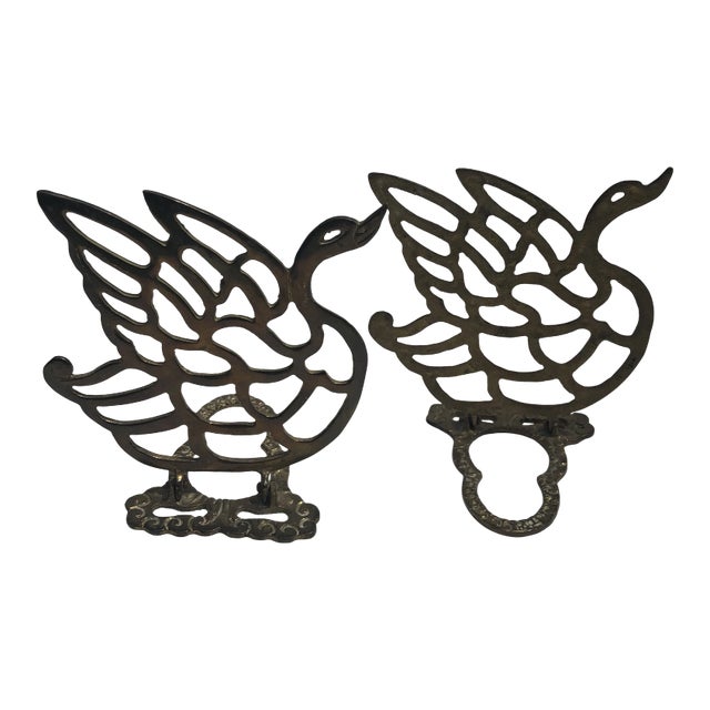 Mid Century Brass Swan Cut Out Bookends - A Pair For Sale