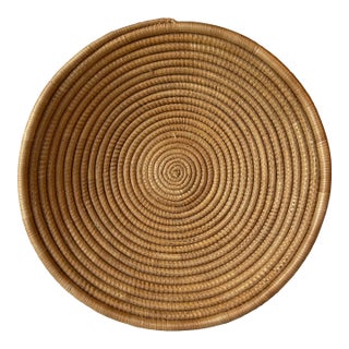 Late 20th Century Handwoven Coiled Rattan Shallow Basket Bowl Natural Fiber Boho & Coastal Decor For Sale