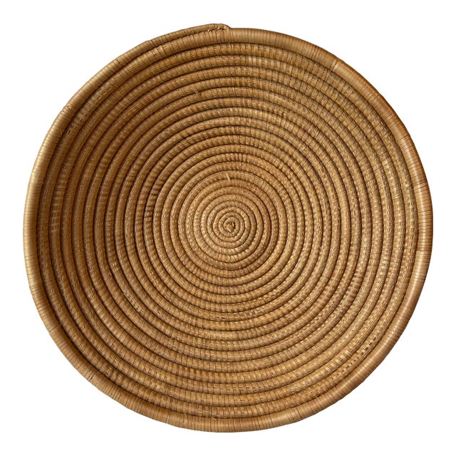 Late 20th Century Handwoven Coiled Rattan Shallow Basket Bowl Natural Fiber Boho & Coastal Decor For Sale