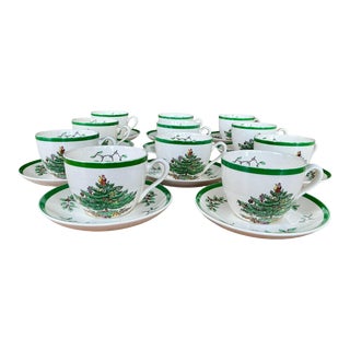 Spode “Christmas Tree” Tea Cup & Saucer Set, Made in England- 22 Pieces For Sale