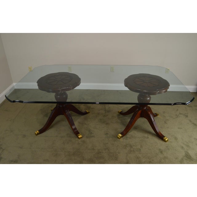 Lexington Mahogany Carved Double Pedestal 84" Glass Top Dining Table
