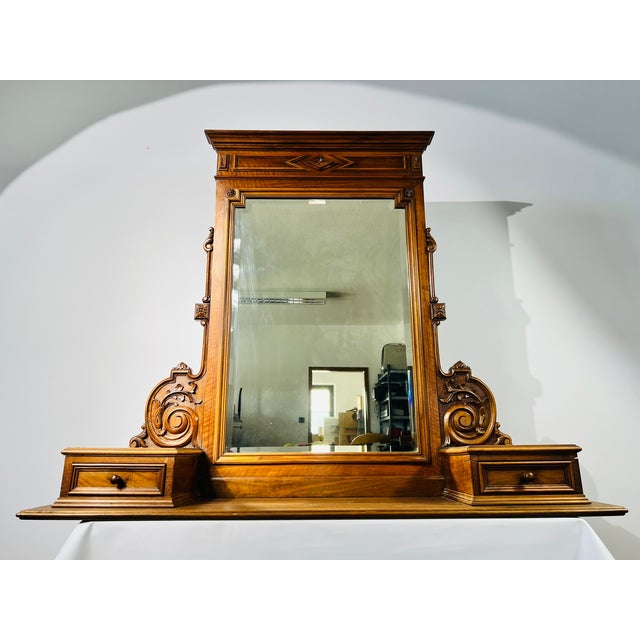Art Nouveau French Walnut-Colored Wall-Mounted Dressing Table with Mirror, 1900 For Sale - Image 5 of 17
