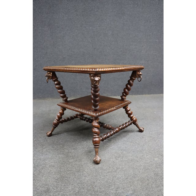 Merklin Brothers Attributed Barley Twist Quarter Sawn Oak Side Table With Lion Mask Mounts For Sale - Image 10 of 13