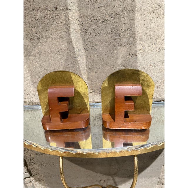 Wood Midcentury Sculptural Bookends Brass and Wood For Sale - Image 7 of 8