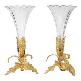 Napoleon III Crystal and Gilded Bronze Horns, 1800s, Set of 2 For Sale