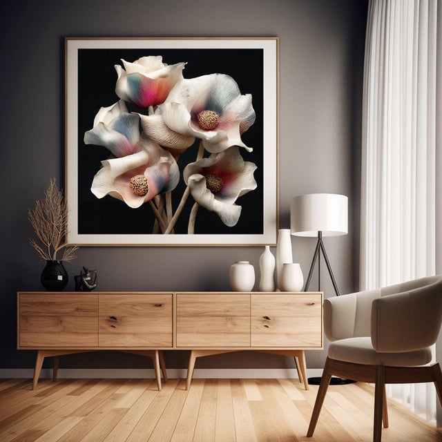 A sculptural cluster of pale ivory blossoms unfurls against a deep shadowed background, each petal etched with delicate...