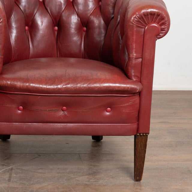 Pair of 20th Century Danish Red Vintage Leather Barrel Back Club Chairs For Sale - Image 11 of 12