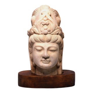Vintage Carved Marble Guanyin Bodhisattva Bust Sculpture on Wooden Stand For Sale