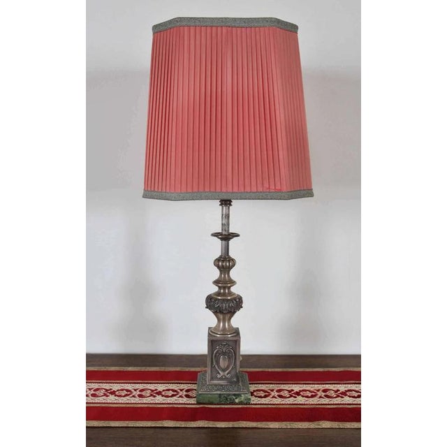 Pair of white brass lamps with marble base and silk shade. The lamps have restored electrical installation - fully...