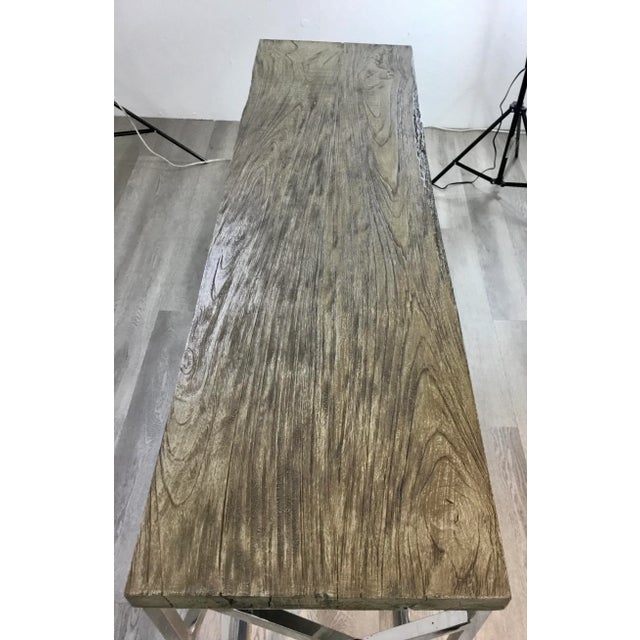 Industrial Modern Reclaimed Teak Wood and Stainless Steel Console Table For Sale - Image 4 of 7