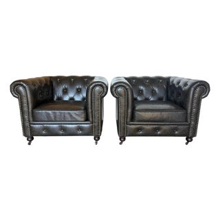 Pair of English CHesterfield Club Chairs- Tufted Armchairs For Sale