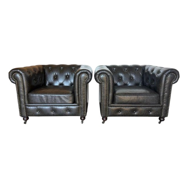 Pair of English CHesterfield Club Chairs- Tufted Armchairs For Sale