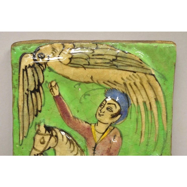 Persian Antique Persian Iznik Qajar Style Ceramic Pottery Green Tile Phoenix W/ Rider C4 For Sale - Image 3 of 10