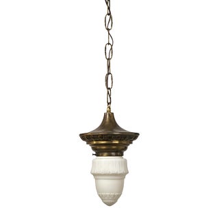 Art Deco Brass and Milk Glass Pendant Light Fixture For Sale