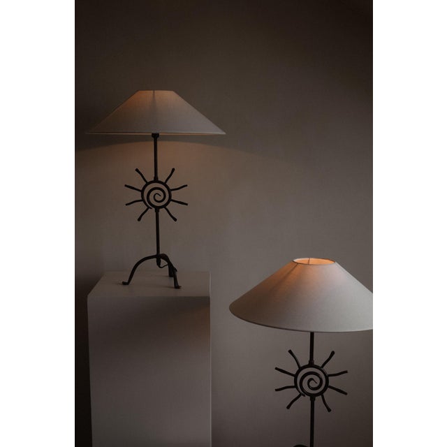 Metal Vintage Brutalist Forged Iron Sunburst Table Lamp For Sale - Image 7 of 10