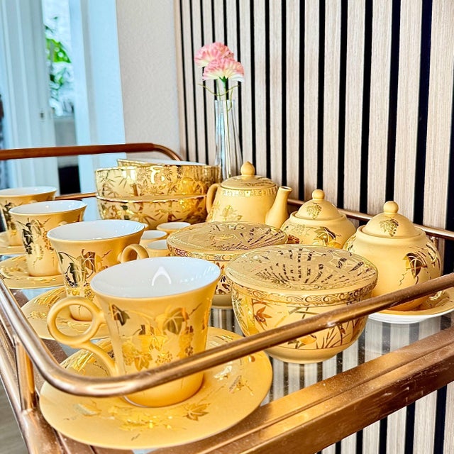 Chinoiserie Vintage Gold Lion Gilt Porcelain Tea Service (28 Pieces) For Sale - Image 3 of 10