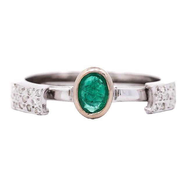 18k White Gold Detachable Ring Jacket Bezel Emerald and Diamond Ring Size 7 For Sale