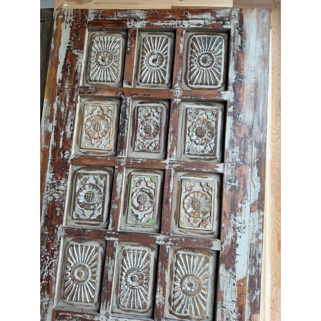 Vintage Blue Carved Barn Door – Rustic Handcrafted Wooden Hinged Door With Distressed Finish For Sale - Image 4 of 9