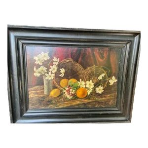 Antique Framed Floral Fruit Chinoiserie Still Life Oil Painting