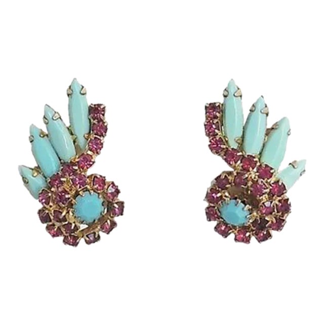 Vintage 1960s Faux-Turquoise & Faux-Ruby Rhinestone Earrings - 2 Pieces For Sale