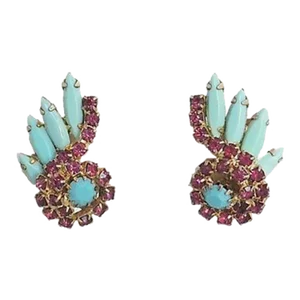 Vintage 1960s Faux-Turquoise & Faux-Ruby Rhinestone Earrings - 2 Pieces