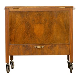 1950s British 'Pop-Up' Liquor Cabinet Bar Cart in Burl Wood For Sale
