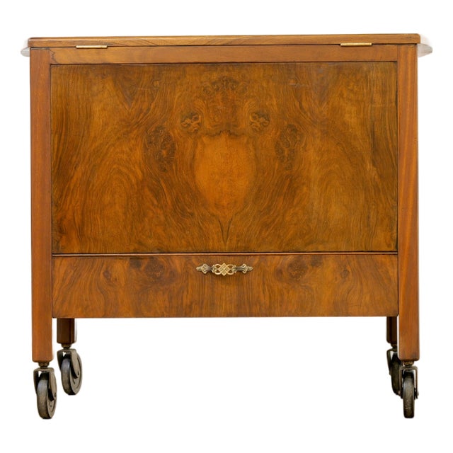 1950s British 'Pop-Up' Liquor Cabinet Bar Cart in Burl Wood For Sale
