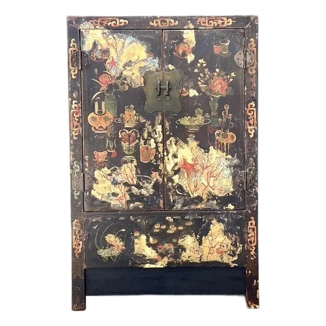 Vintage Asian Hand Painted Wedding Cabinet For Sale
