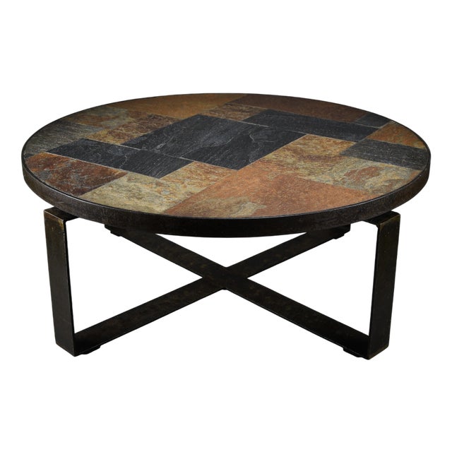 Brutalist Round Coffee Table in Norwegian Slate, Concrete and Hammered Brass attributed to Paul Kingma, Netherlands, 1970s For Sale