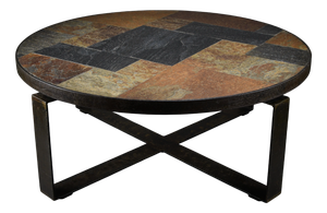 Brutalist Round Coffee Table in Norwegian Slate, Concrete and Hammered Brass attributed to Paul Kingma, Netherlands, 1970s