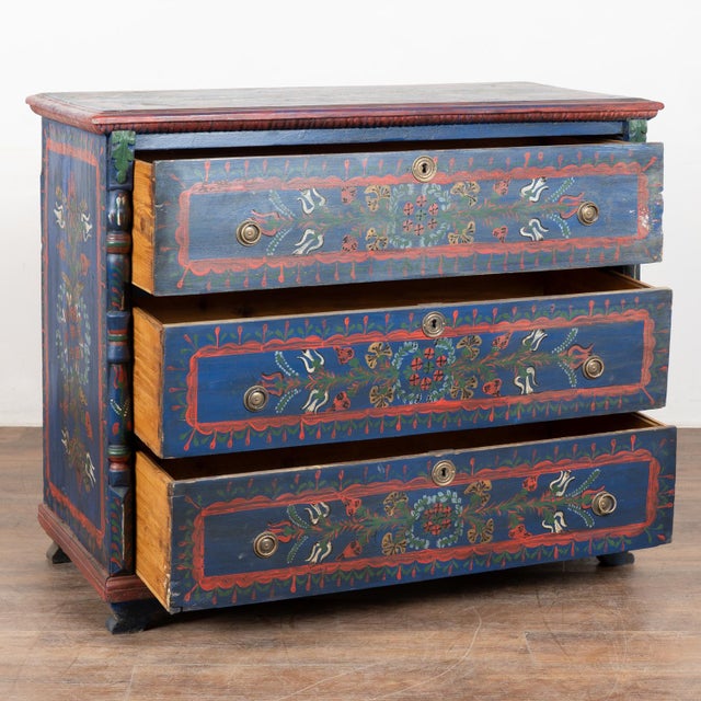Late 19th century blanket chest of three drawers from Hungary, crafted in pine and retaining its original hand painted...