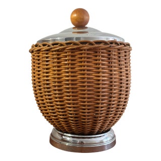 Vintage Wicker and Chrome Italian Ice Bucket Gucci Style For Sale