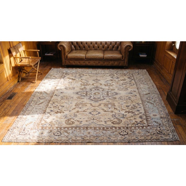 1920s Tan Beige Medallion Antique Turkish Decorative Oushak Rug 9'3" X 11'10" Handknotted Wool Carpet For Sale - Image 16 of 17