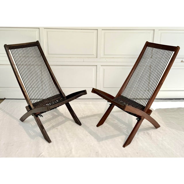 Wood Pair of Vintage Scandi-Style Folding Wood & Cord Lounge Chairs For Sale - Image 7 of 10