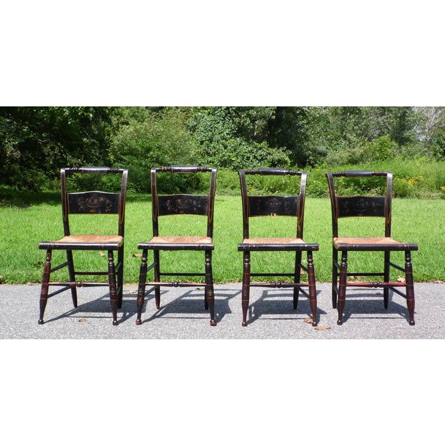 Antique Set of 4 Hitchcock Pillow Back Rush Seat Stenciled Ct Farmhouse