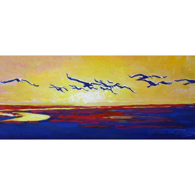 Textile Oil Painting Storks at Sunset Anatoly Varvarov For Sale - Image 7 of 9