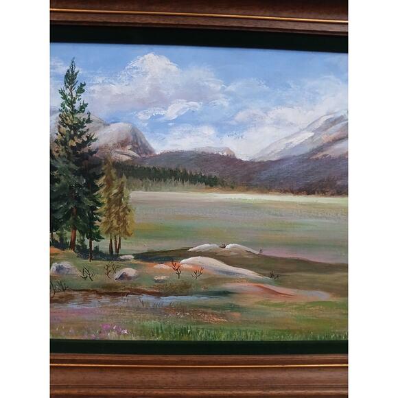Wood 1940s Mountain Meadow Landscape Painting Original by Mitton Large Nature For Sale - Image 7 of 16
