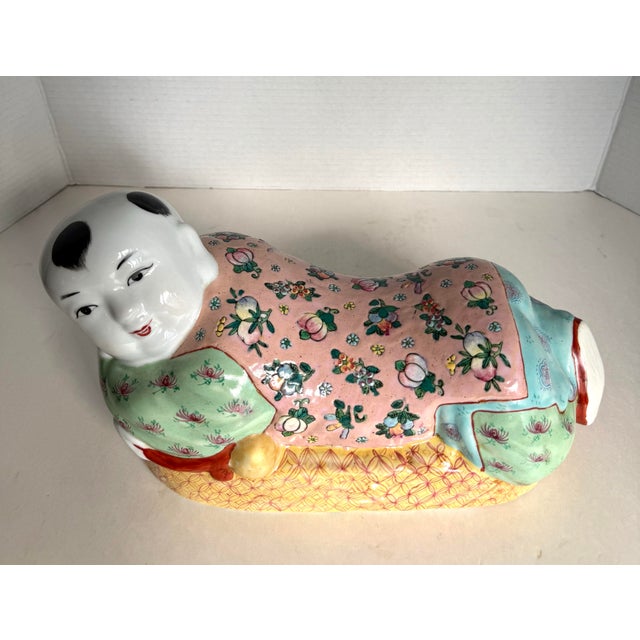 Chinoiserie Mid-20th Century Chinese Famille Rose Porcelain Reclining Boy Pillow For Sale - Image 3 of 11