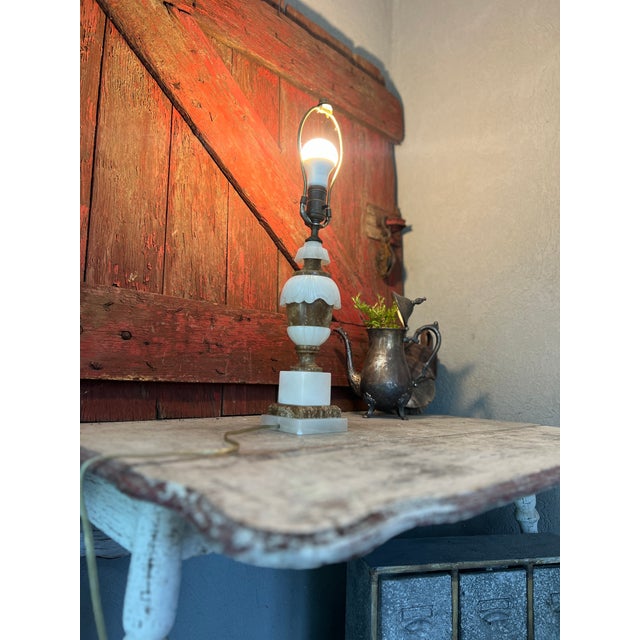 Alabaster Vintage Italian Marble & Alabaster Urn Lamp 13" Elegant Design With Brass Accents For Sale - Image 8 of 18