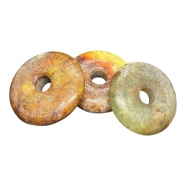 Vintage Chinese Hongshan Style Carved Jade Bi Discs Set of Three For Sale