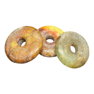 Vintage Chinese Hongshan Style Carved Jade Bi Discs Set of Three