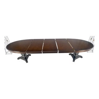 Dark Flame Walnut Banded Double Tripod Pedestal Oval Dining Table 3 Leaves For Sale