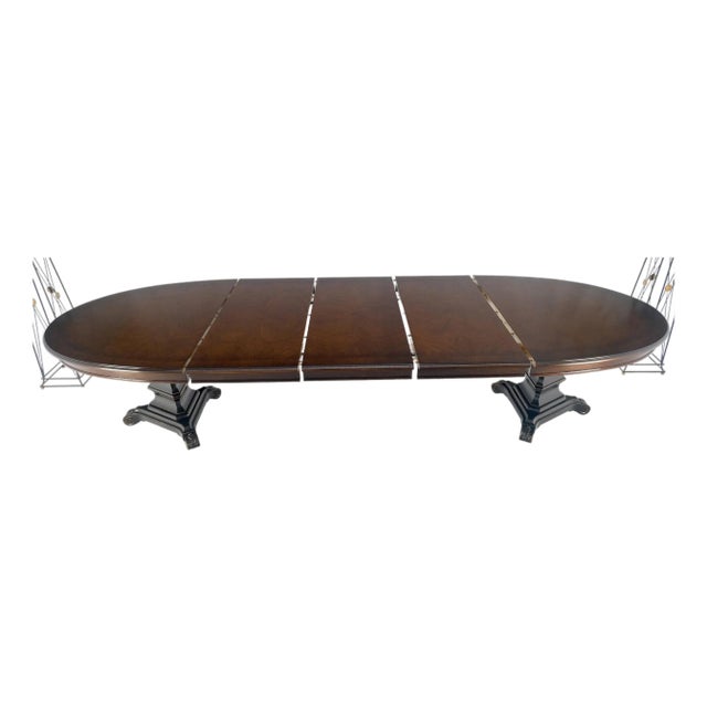 Dark Flame Walnut Banded Double Tripod Pedestal Oval Dining Table 3 Leaves For Sale