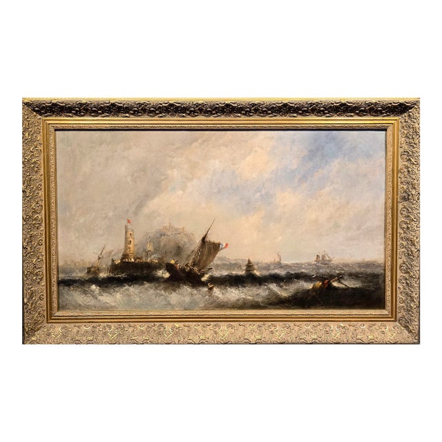 Clarkson Stanfield–Dramatic English Lighthouse Seascape W/ French Ship-19th Century Oil Painting For Sale
